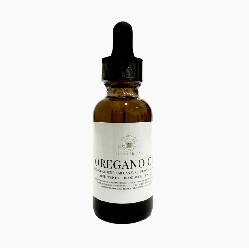 Pioneer Pam Oil of Oregano supplement bottle for immune and gut health support, with label showing product details.