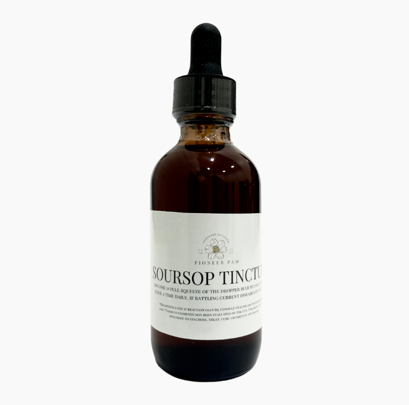 Pioneer Pam Soursop Tincture for immune support, featuring antioxidant and anti-inflammatory properties, in a dark glass bottle.