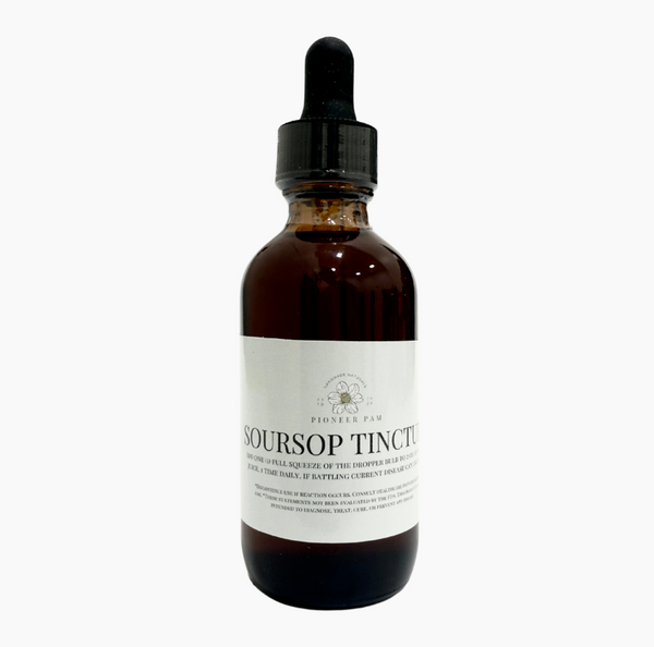 Pioneer Pam Soursop Tincture for immune support, featuring antioxidant and anti-inflammatory properties, in a dark glass bottle.