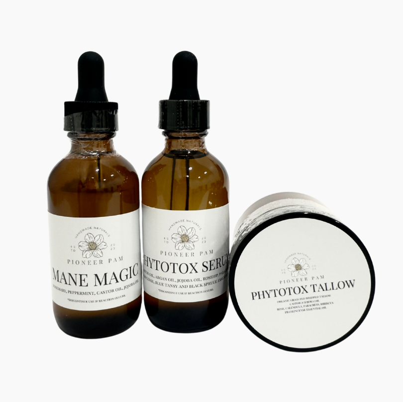 Natural anti-aging skincare and hair care beauty bundle by Pioneer Pam featuring skin and hair products for youthful appearance.