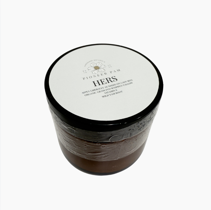 Pioneer Pam HERS Tallow natural hormone support supplement featuring progesterone support in a jar or container.