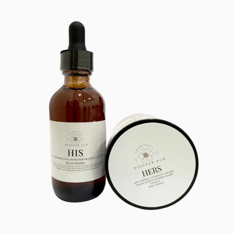 HIS & HERS Natural Hormone Support supplement from Pioneer Pam, featuring capsules in a white bottle with label.