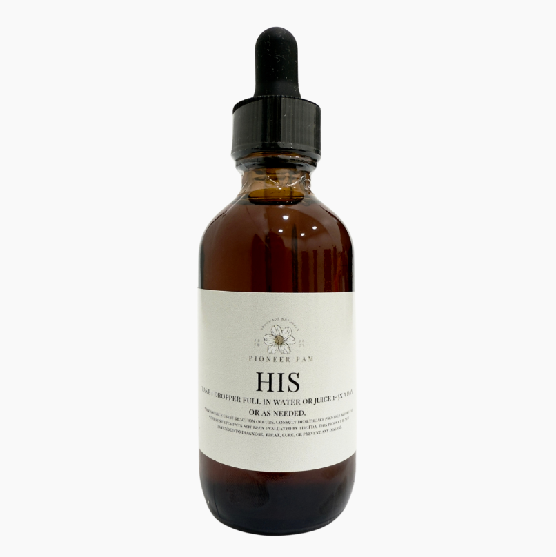Pioneer Pam HIS Tincture natural hormone support bottle, emphasizing testosterone support for men's health.