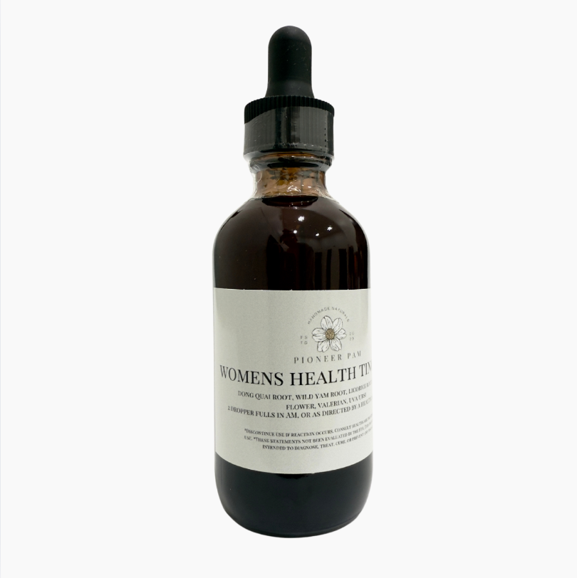 Bottle of Pioneer Pam Women's Health Tincture for PMS and menopause hormone support, with natural herbal ingredients.
