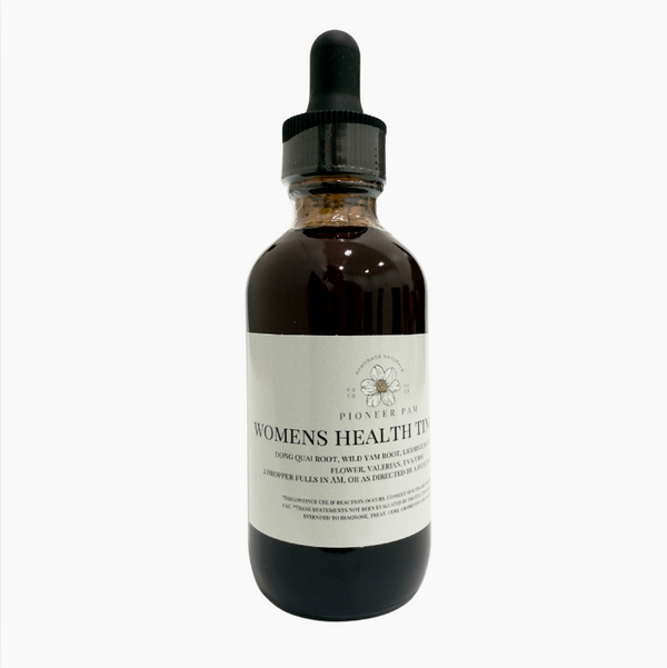 Bottle of Pioneer Pam Women's Health Tincture for PMS and menopause hormone support, with natural herbal ingredients.