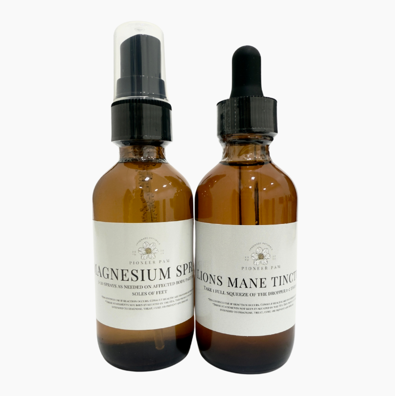 Pioneer Pam Brain Wellness Combo with Lion’s Mane tincture and magnesium spray for nervous system support, shown in a bundle image.