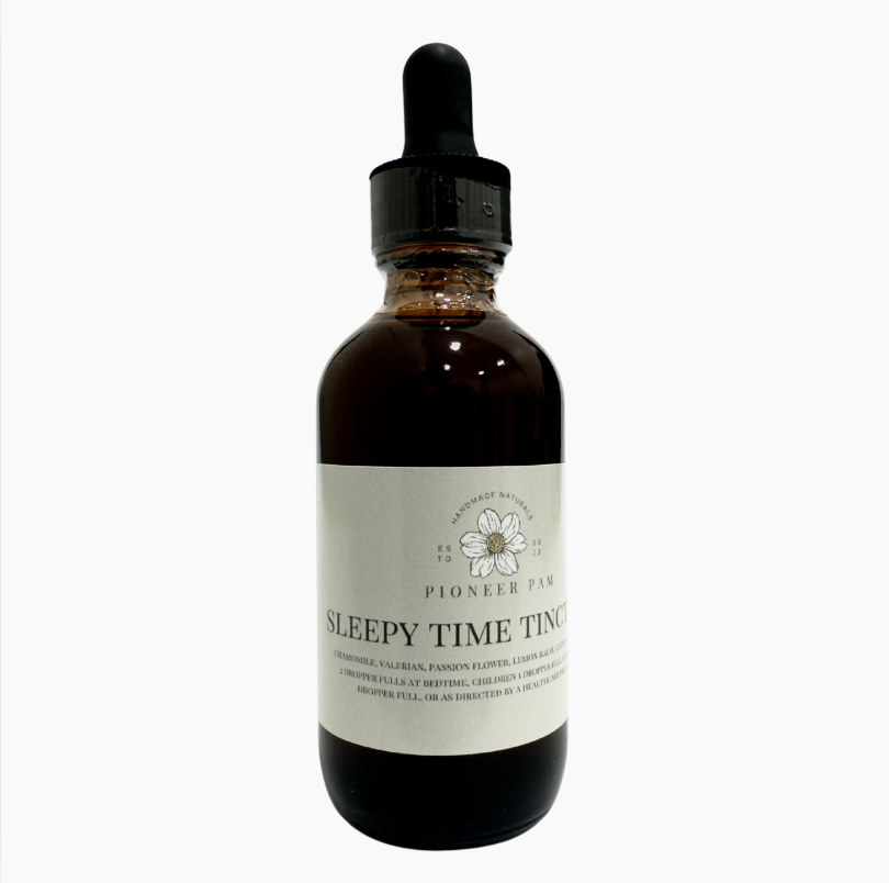Pioneer Pam Sleepy Time Herbal Tincture for kids and adults, natural sleep support without melatonin, in a dropper bottle.