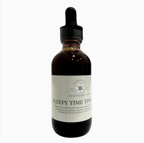Pioneer Pam Sleepy Time Herbal Tincture for kids and adults, natural sleep support without melatonin, in a dropper bottle.
