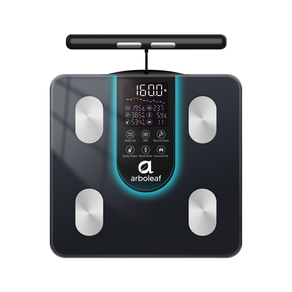 Arboleaf Segmental Smart Scale CS10K displaying digital readout with body composition data on a sleek black surface.