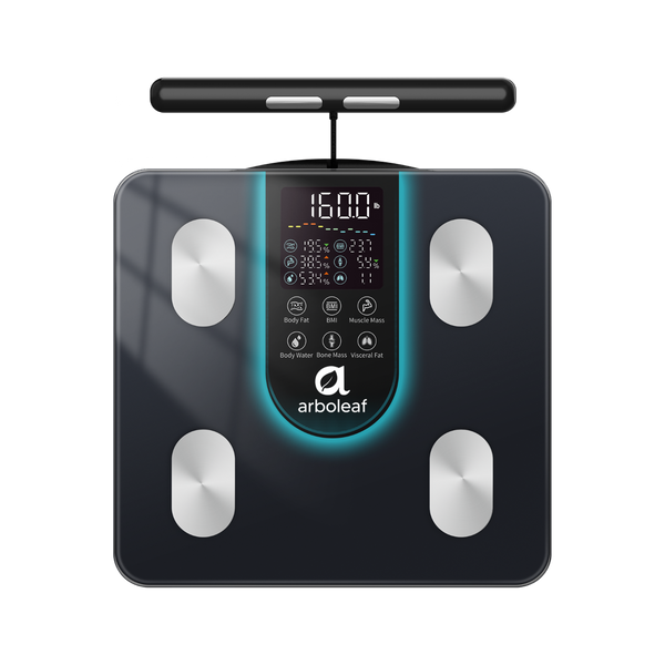 Arboleaf Segmental Smart Scale CS10K displaying digital readout with body composition data on a sleek black surface.