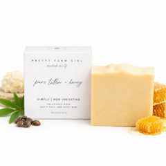 Handmade bar soap by Pretty Farm Girl, fragrance-free with pure tallow and goat milk, showcasing a natural soap bar.