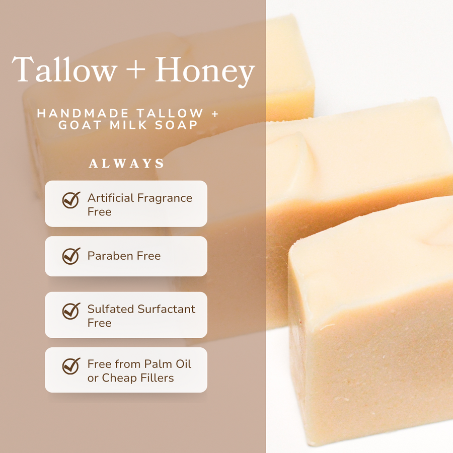 Handmade bar soap by Pretty Farm Girl featuring pure tallow, goat milk, and honey, fragrance-free and natural.