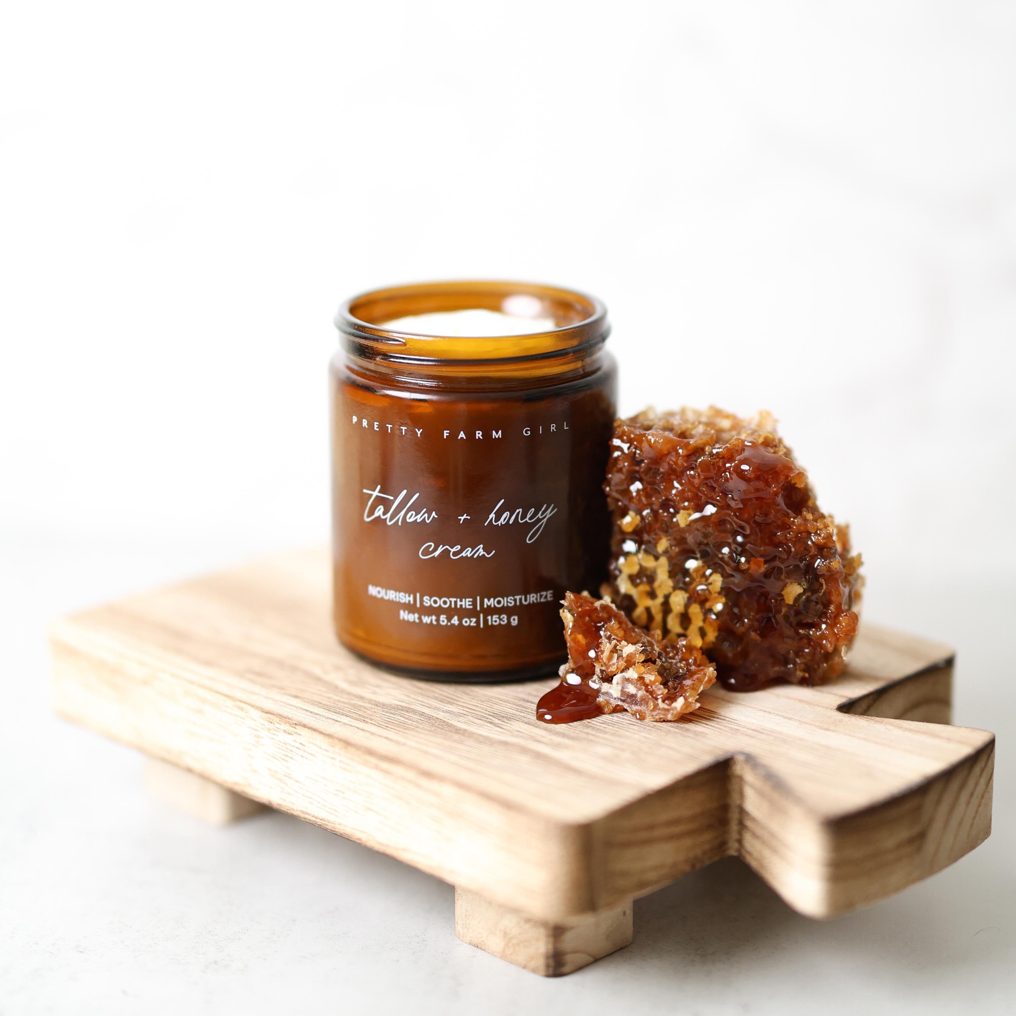 Cream by Pretty Farm Girl featuring fragrance-free tallow and honey, shown in a 4oz jar with a natural, smooth texture.