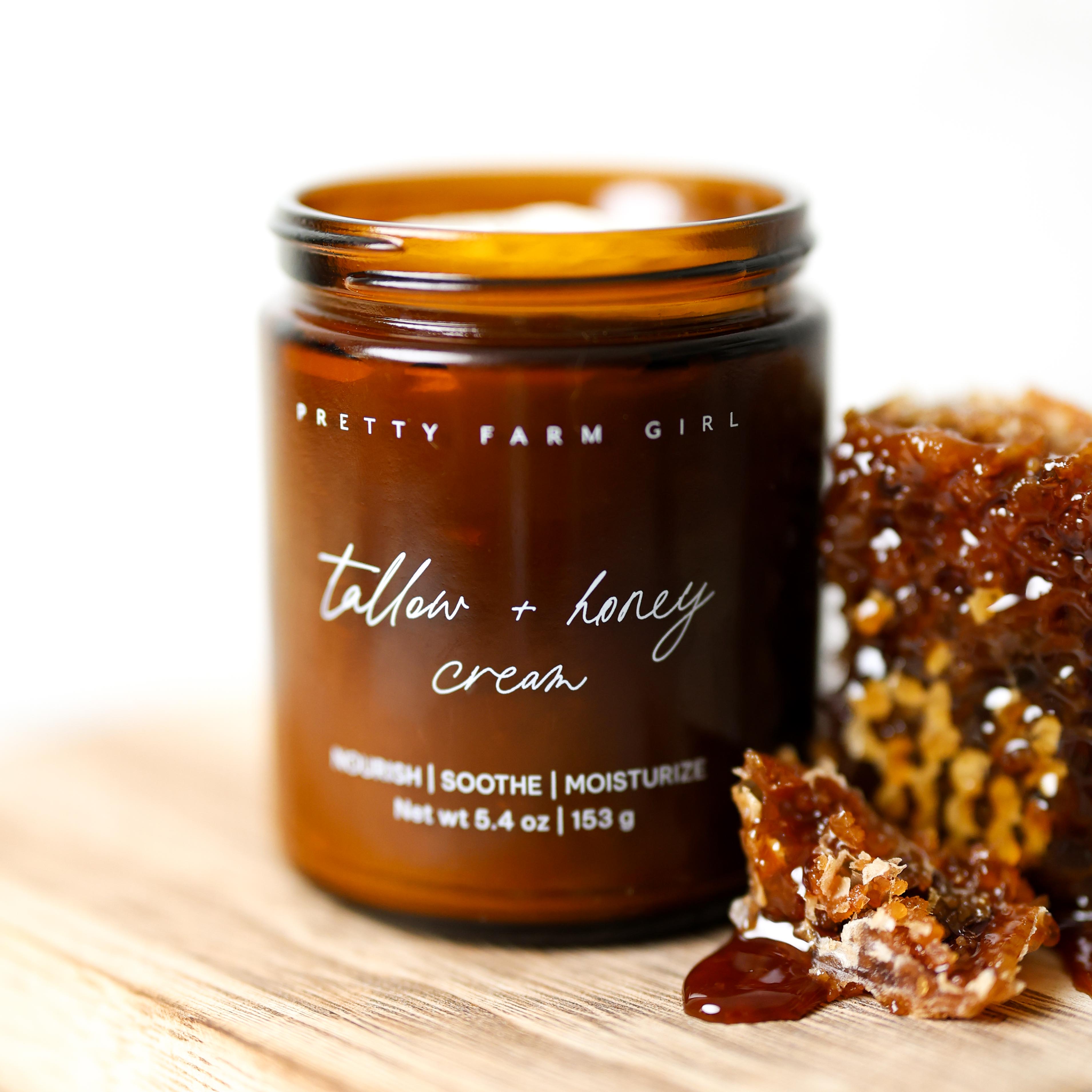 Cream bottle of Pretty Farm Girl Fragrance-Free Tallow and Honey Cream, 4oz jar with natural ingredients and a smooth texture.