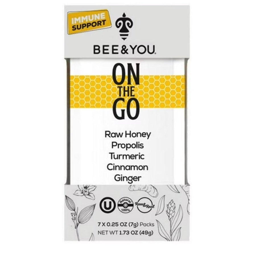 Seven packets of Bee & You 1.73 oz On the Go Immunity Honey from Price Is Right Miami, displayed on a white background.