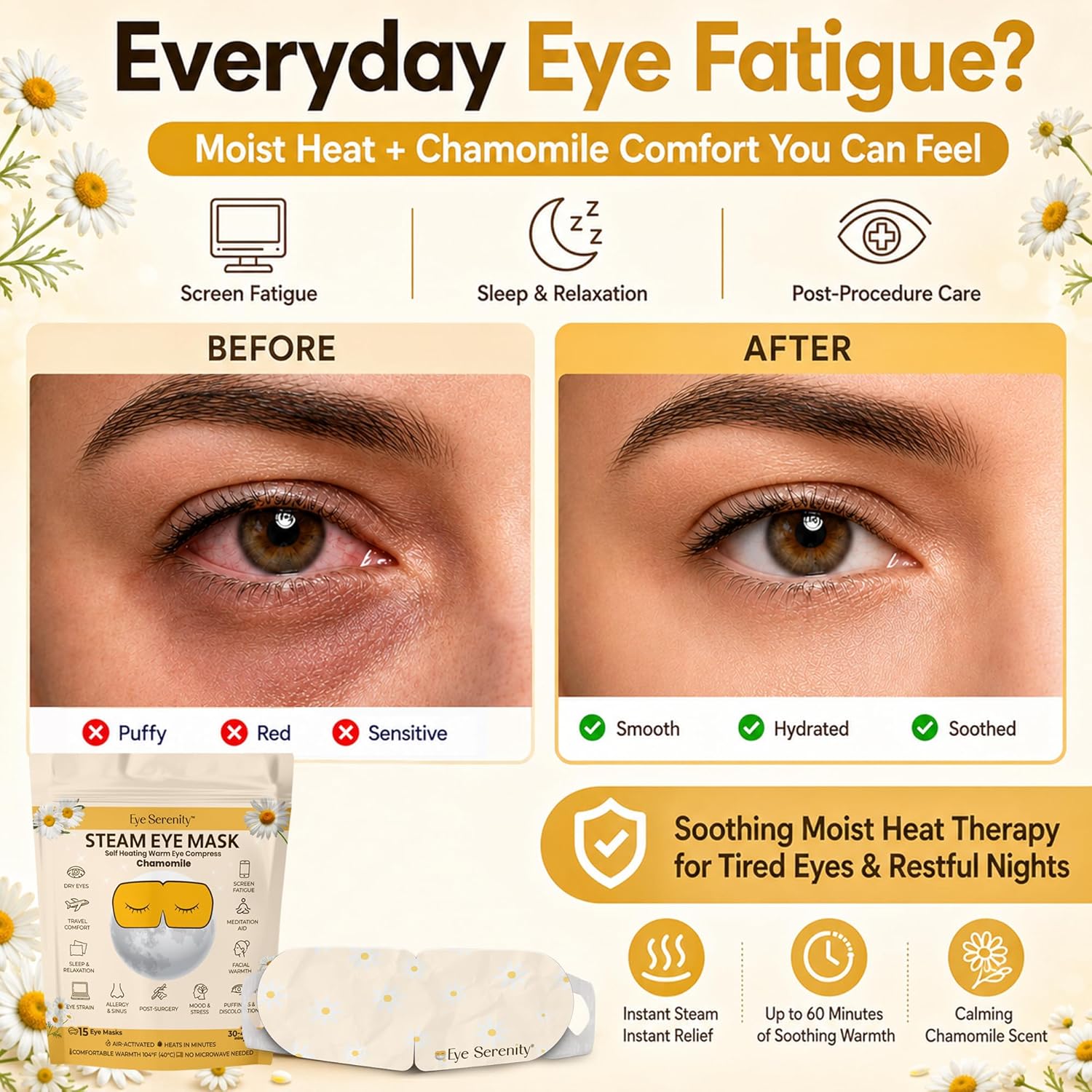 Lure Essentials Eye Serenity Steam Eye Mask with chamomile, providing soothing eye care and wellness relaxation.