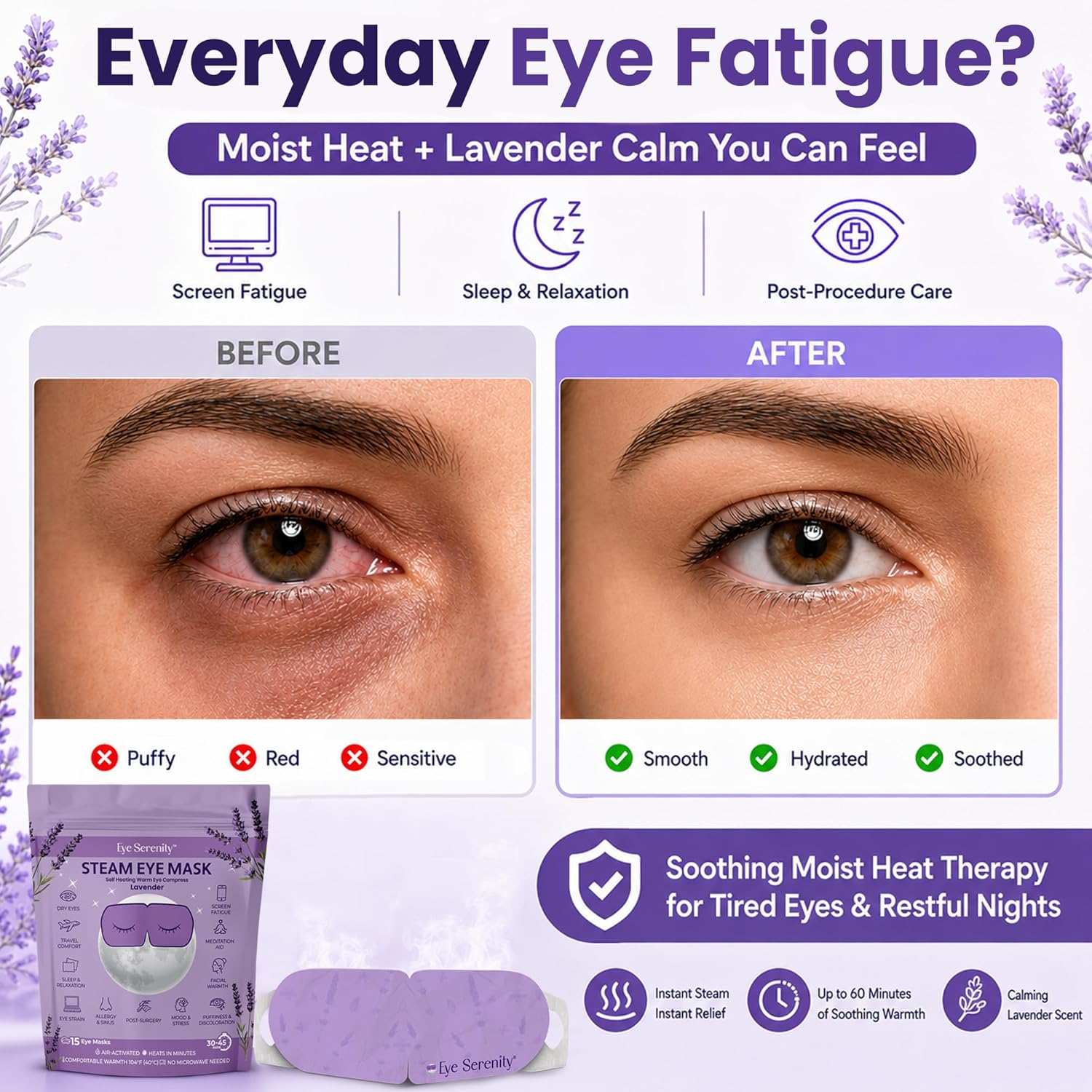 Lure Essentials Eye Serenity Steam Eye Mask in lavender, designed for eye care and relaxation with a soothing lavender scent.