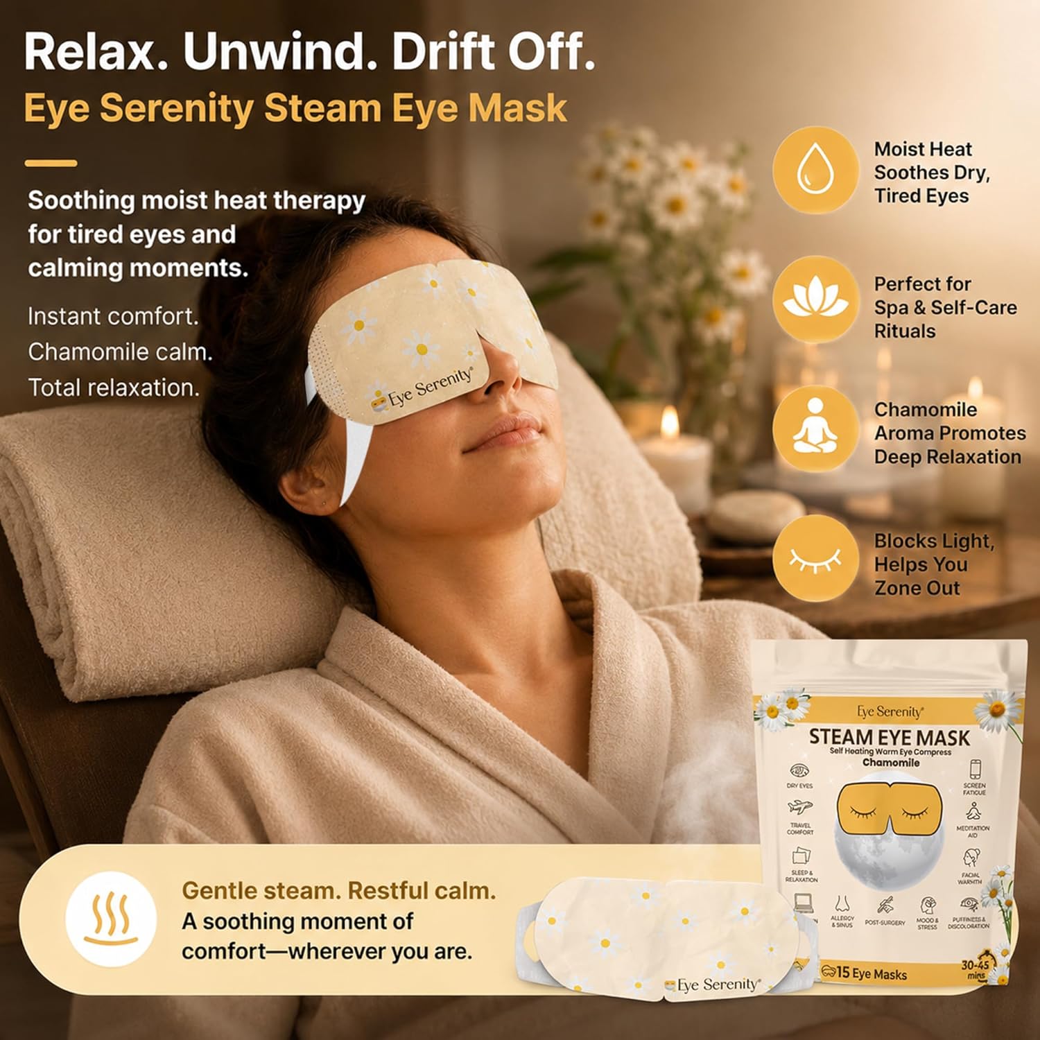 Lure Essentials Eye Serenity Steam Eye Mask with chamomile for relaxing eye care and wellness, shown on a soft surface.