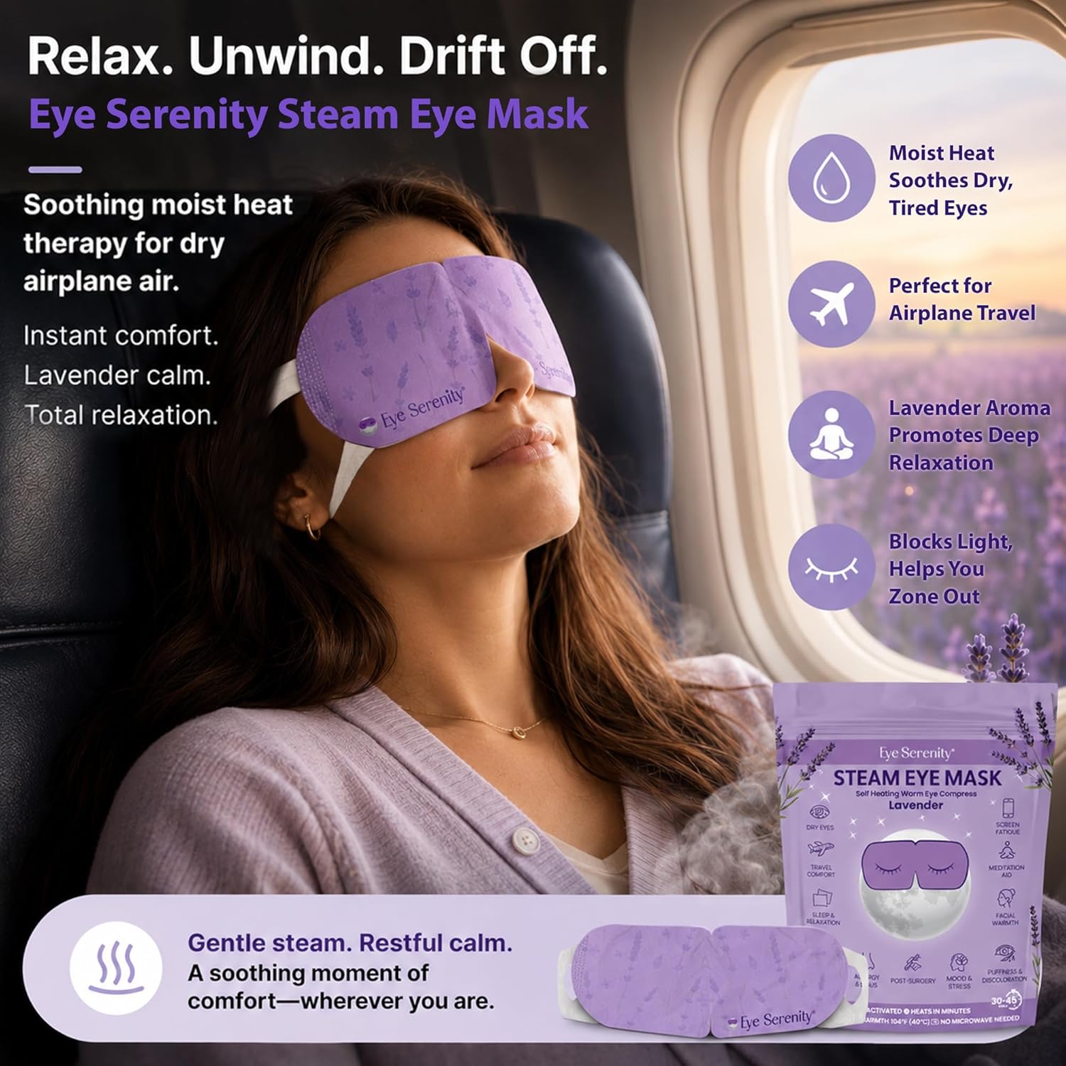 Lure Essentials Eye Serenity Steam Eye Mask in lavender, designed for relaxation and eye care, with a soft fabric cover.