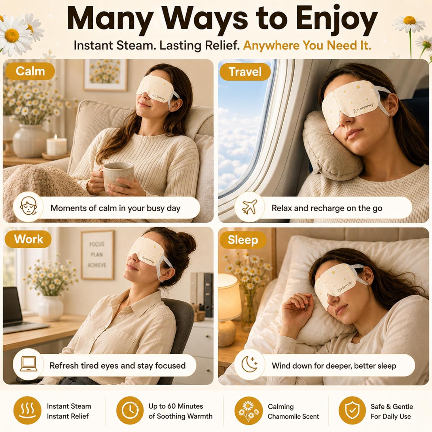 Lure Essentials Eye Serenity Steam Eye Mask with chamomile, soft fabric, designed for eye care and relaxation.