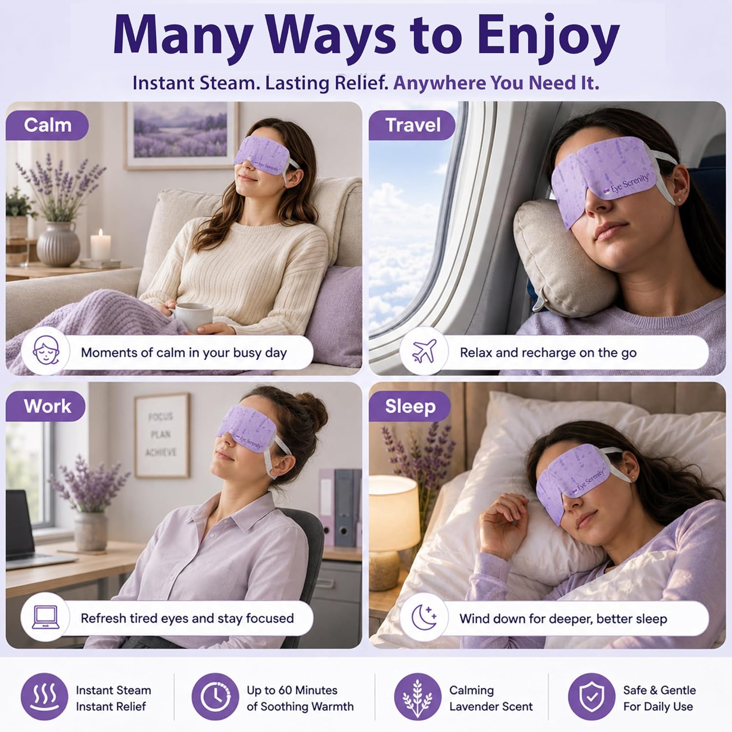 Lure Essentials Eye Serenity Steam Eye Mask in lavender, designed for eye care and relaxation with soothing lavender scent.