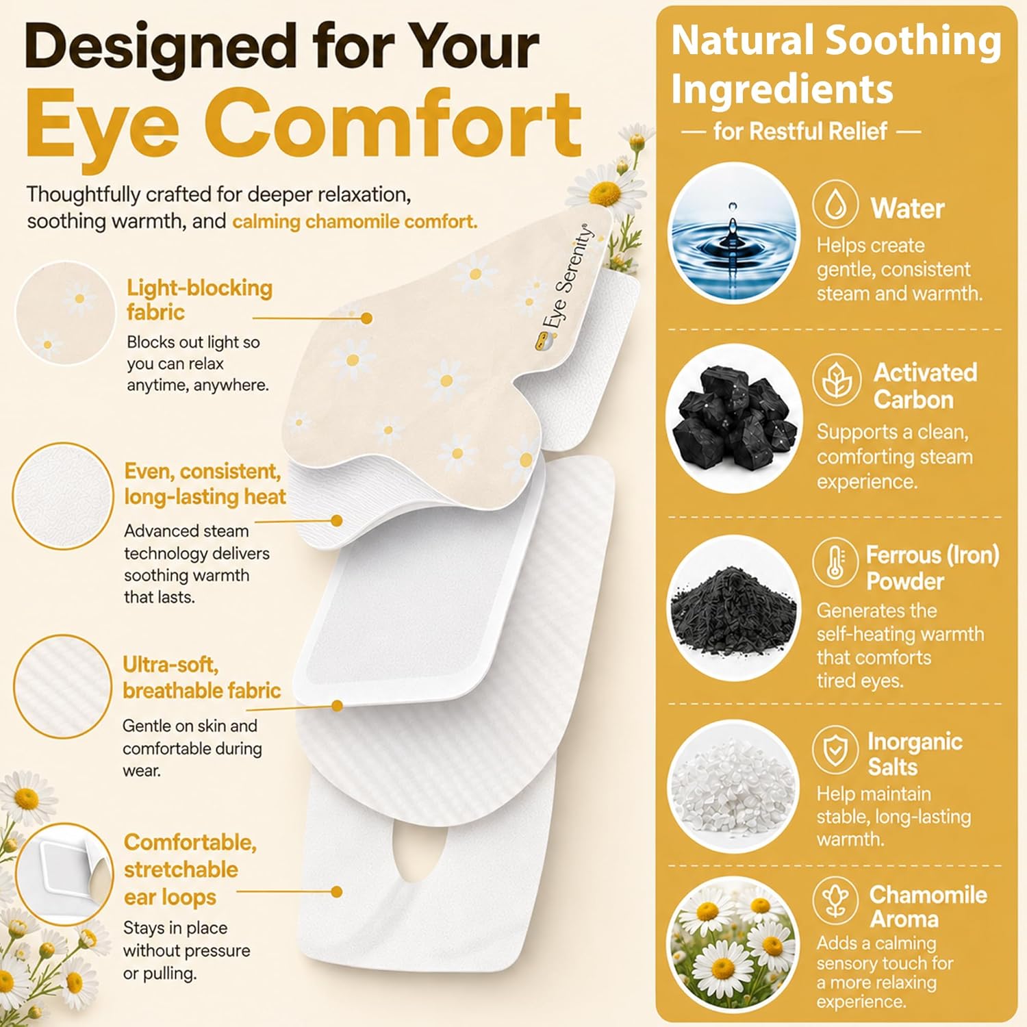 Lure Essentials Eye Serenity Steam Eye Mask with chamomile, relaxing eye care and wellness product for soothing comfort.