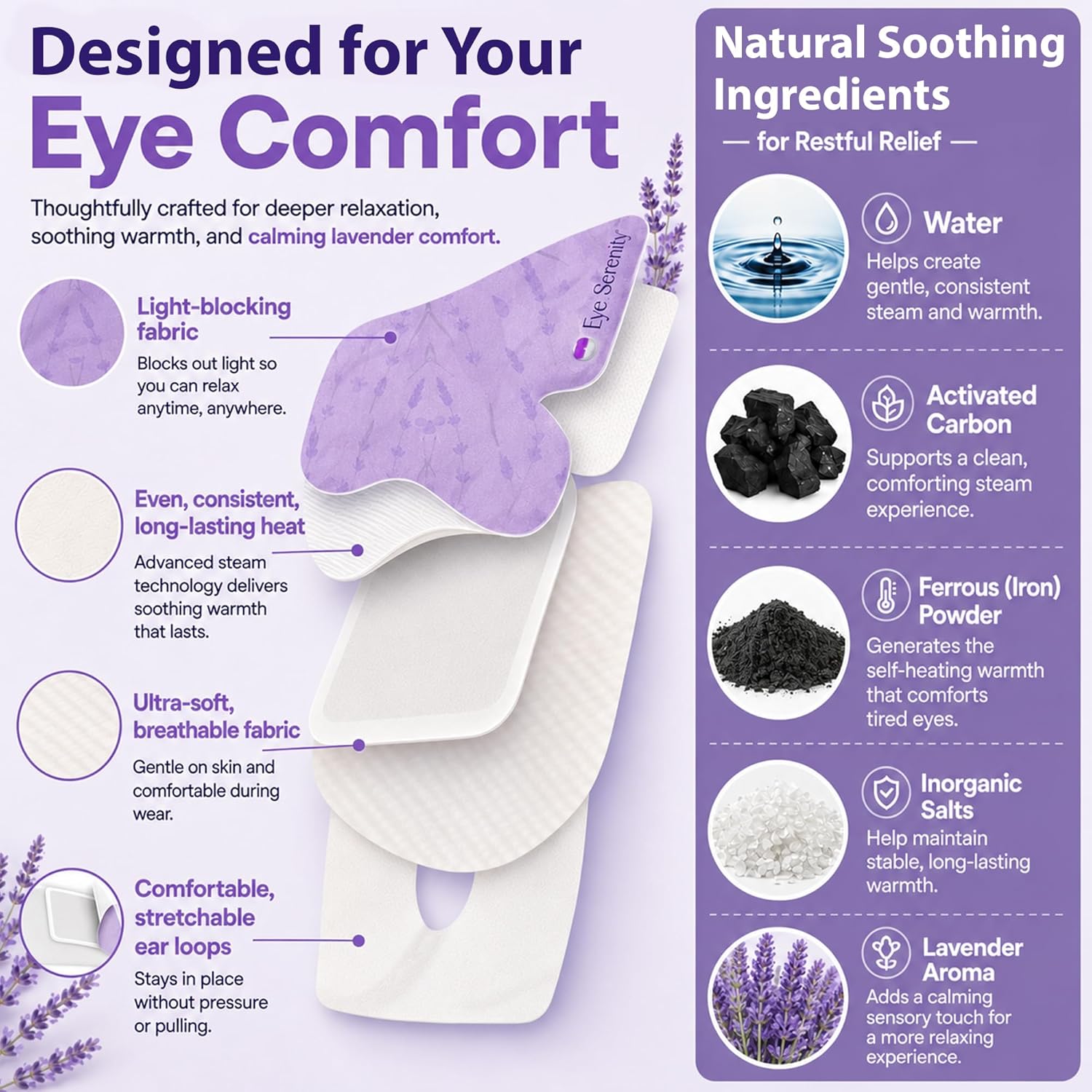 Lure Essentials Eye Serenity Steam Eye Mask in lavender, designed for eye care and relaxation with a soft, calming fabric.