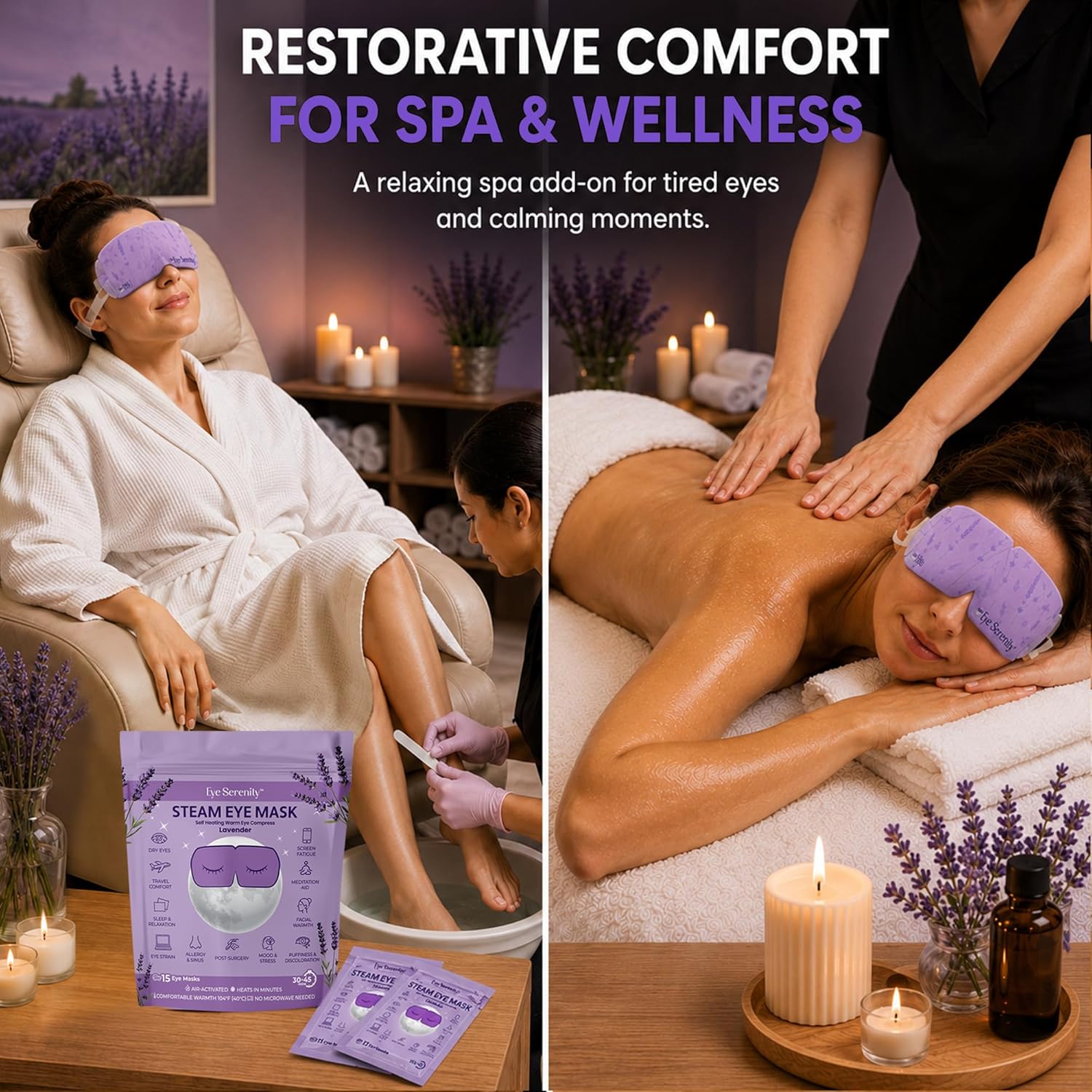 Lure Essentials Eye Serenity Steam Eye Mask in lavender, designed for eye care and relaxation, with a soft fabric exterior and lavender scent.