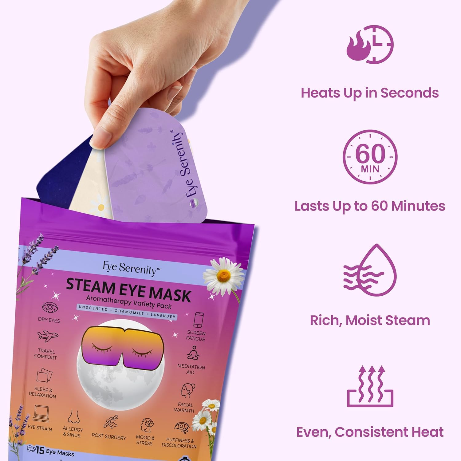 Lure Essentials Eye Serenity Steam Eye Mask variety pack for eye care and wellness, showing soft fabric masks with calming designs.