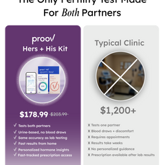 Proov Hers and His Advanced Fertility Test kit for couples, featuring test strips and instructions for fertility tracking.