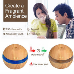 RANOVA USA KBAYBO USB ultrasonic humidifier with 290ml capacity, wood grain finish, LED light, and aroma diffuser for aromatherapy mist