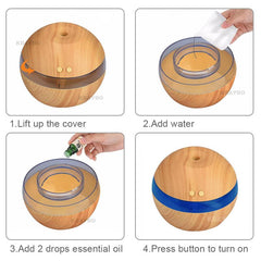 RANOVA USA KBAYBO USB ultrasonic humidifier with 290ml capacity, wood grain finish, LED light, and aroma diffuser for aromatherapy mist