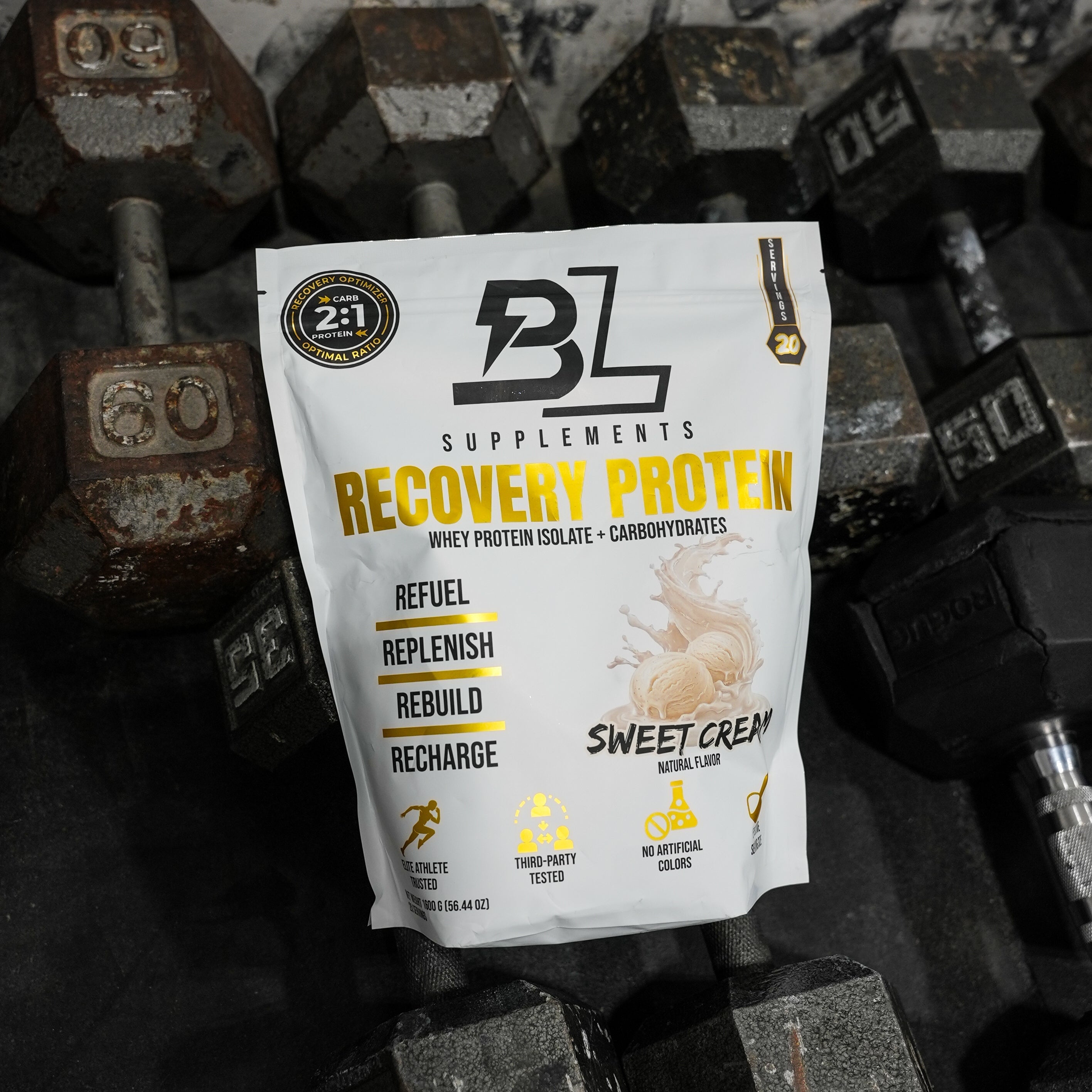 BlackLabel Supplements Recovery Protein container, a high-quality protein powder for muscle recovery and post-workout nutrition