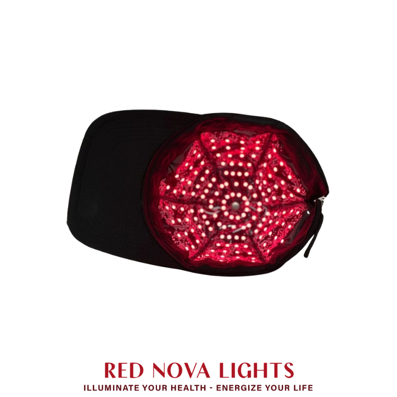 Red Light Therapy Hat for hair growth and pain relief, featuring 660nm and 850nm LED lights, by Red Nova Lights LLC.