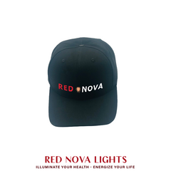 Red Nova Lights LLC red light therapy hat for hair growth and pain relief with 660nm and 850nm LEDs, worn on the head.