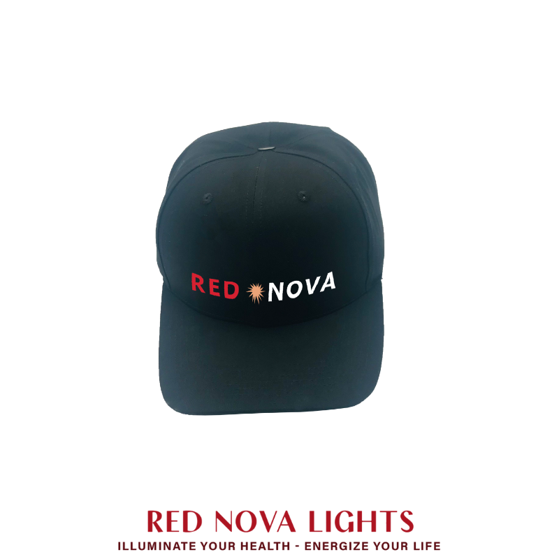 Red Nova Lights LLC red light therapy hat for hair growth and pain relief with 660nm and 850nm LEDs, worn on the head.