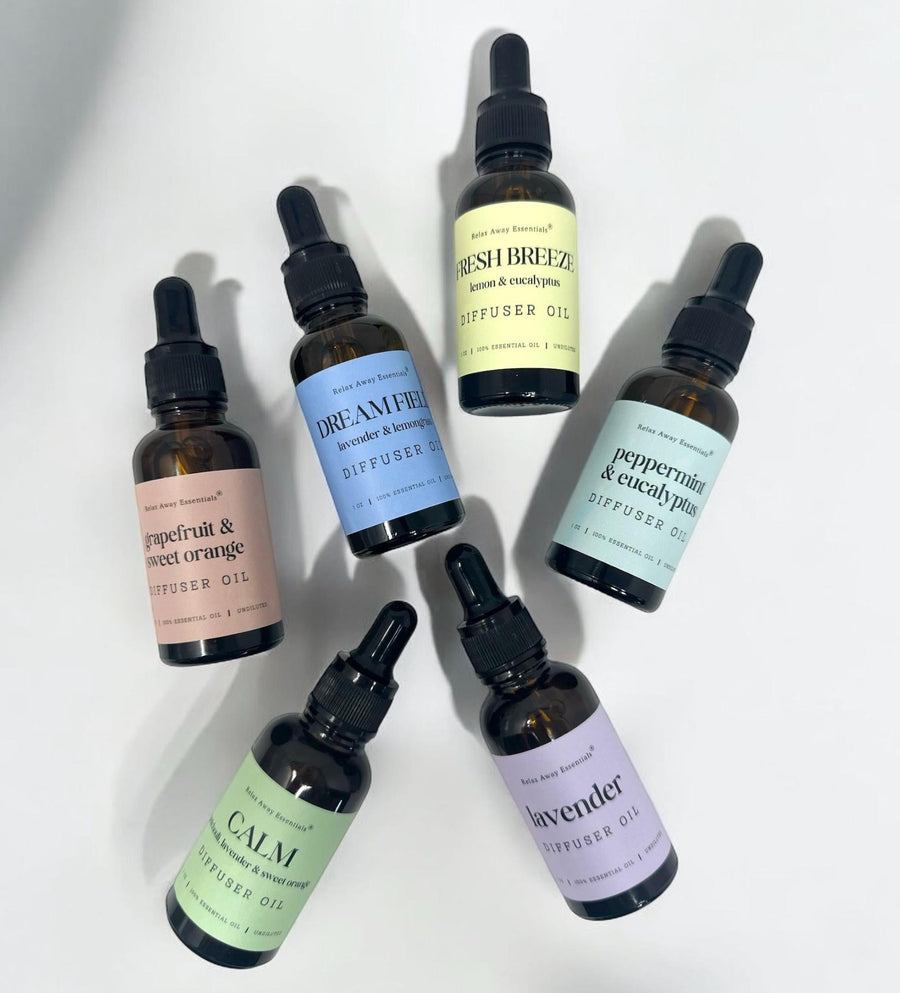 Relax Away Essentials lavender aromatherapy diffuser oil 1 oz with lavender, peppermint, and citrus scent for stress relief and relaxation.