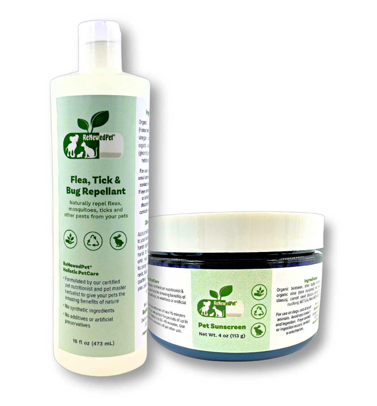 ReNewedPet outdoor safety kit for pets, including sunscreen and flea, tick, bug repellent in 1-oz and 2-oz bottles.