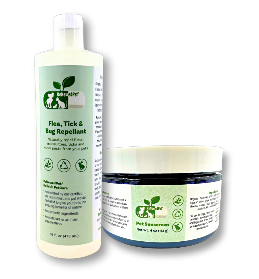ReNewedPet outdoor safety kit for pets, including sunscreen and flea, tick, bug repellent in 1-oz and 2-oz bottles.