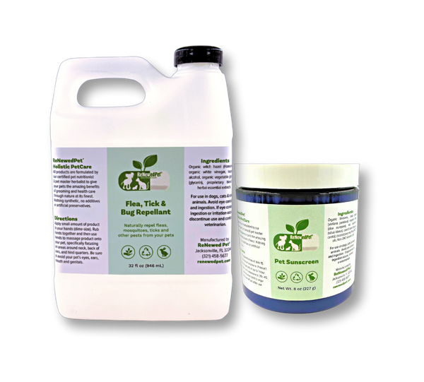 ReNewedPet outdoor safety kit with pet grooming sunscreen and flea, tick, bug repellent in 1 oz and 2 oz bottles.