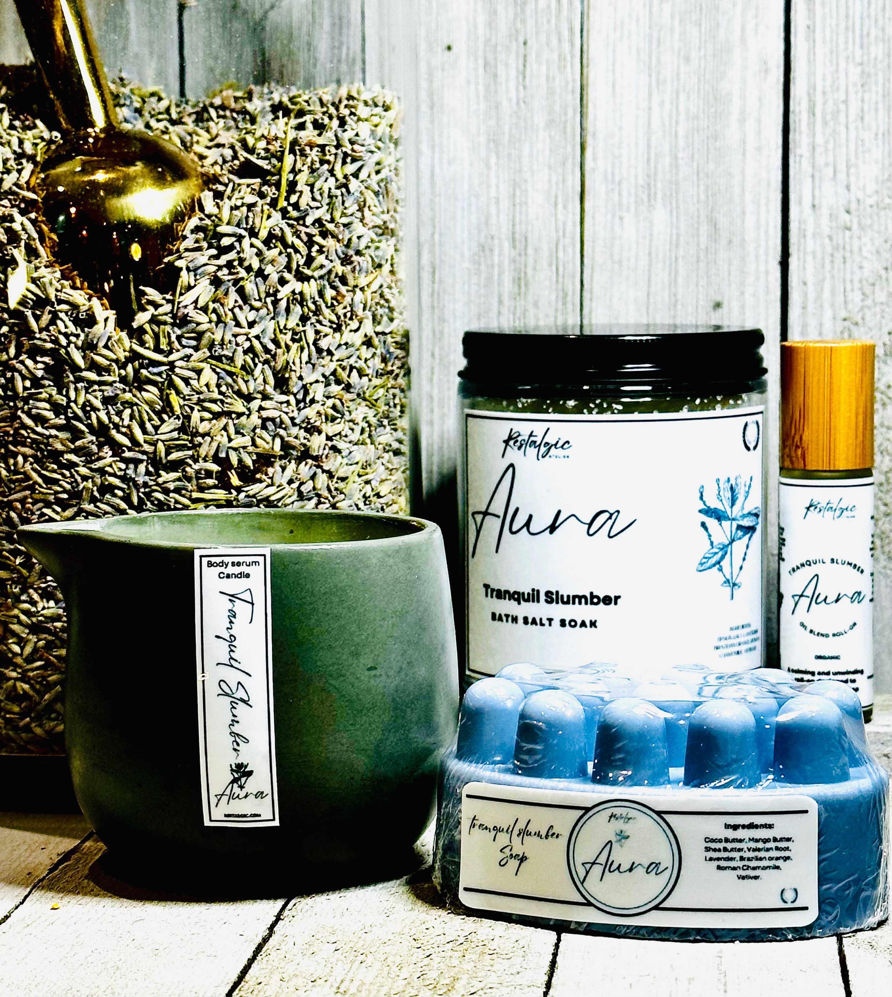 Restalgic Atelier Tranquil Slumber bath and body product for restful nights, featuring soothing ingredients and calming packaging.