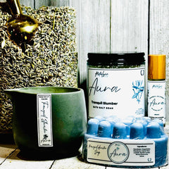 Restalgic Atelier Tranquil Slumber bath and body product for restful nights, featuring soothing ingredients and calming packaging.