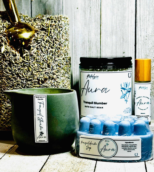 Restalgic Atelier Tranquil Slumber bath and body product for restful nights, featuring soothing ingredients and calming packaging.