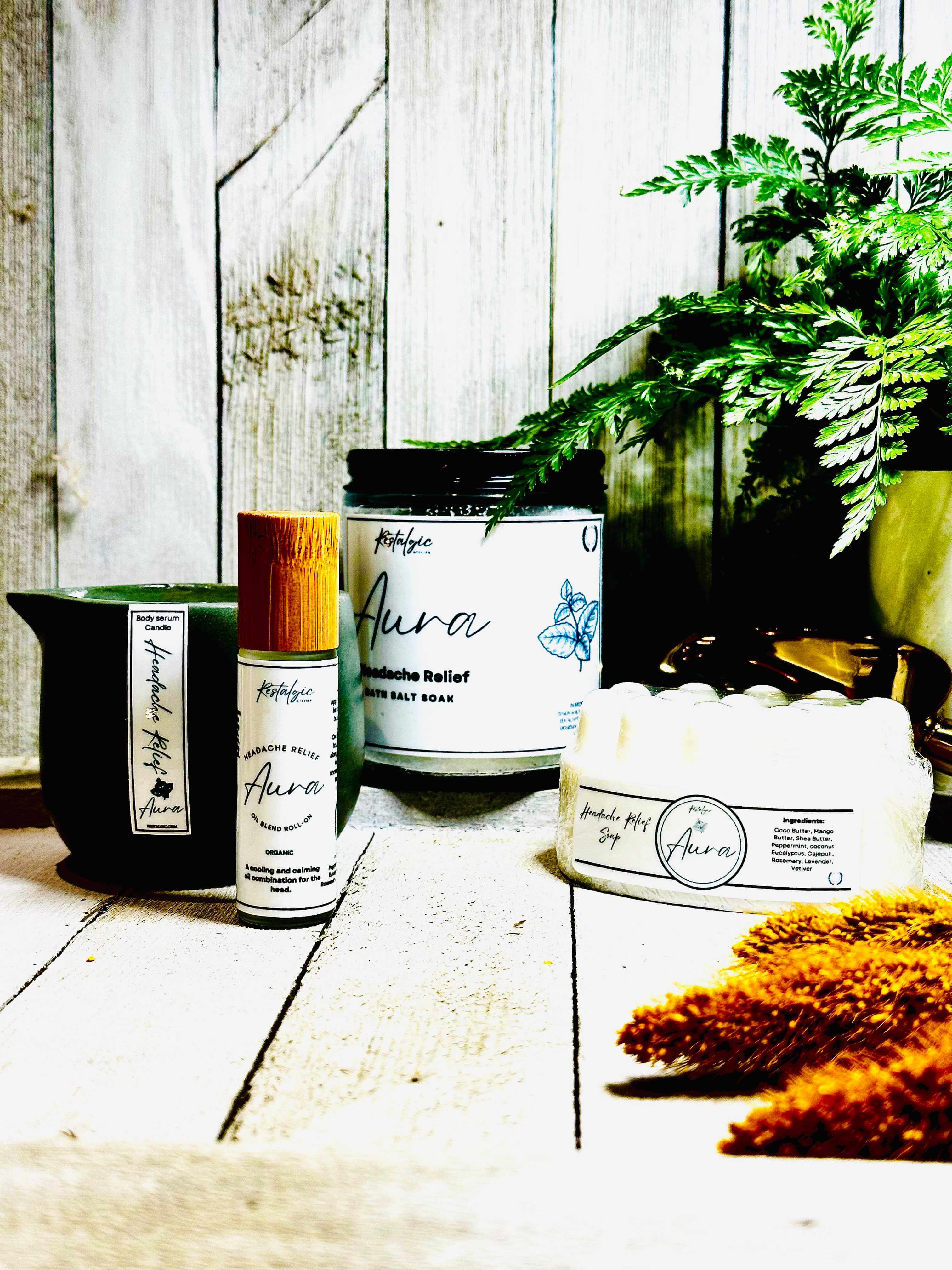 Restalgic Atelier headache relief kit with soothing bath and body products for instant migraine and headache relief.