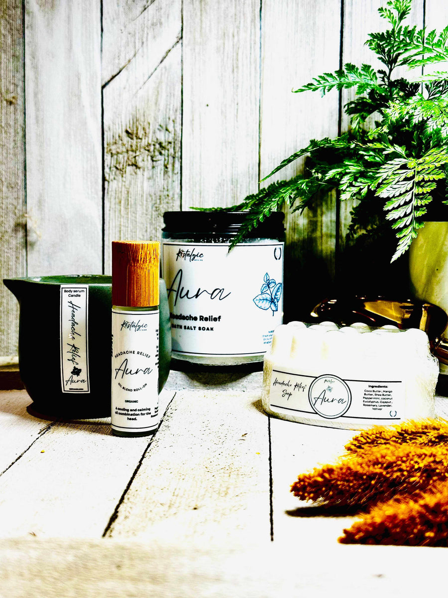 Restalgic Atelier headache relief kit with soothing bath and body products for instant migraine and headache relief.