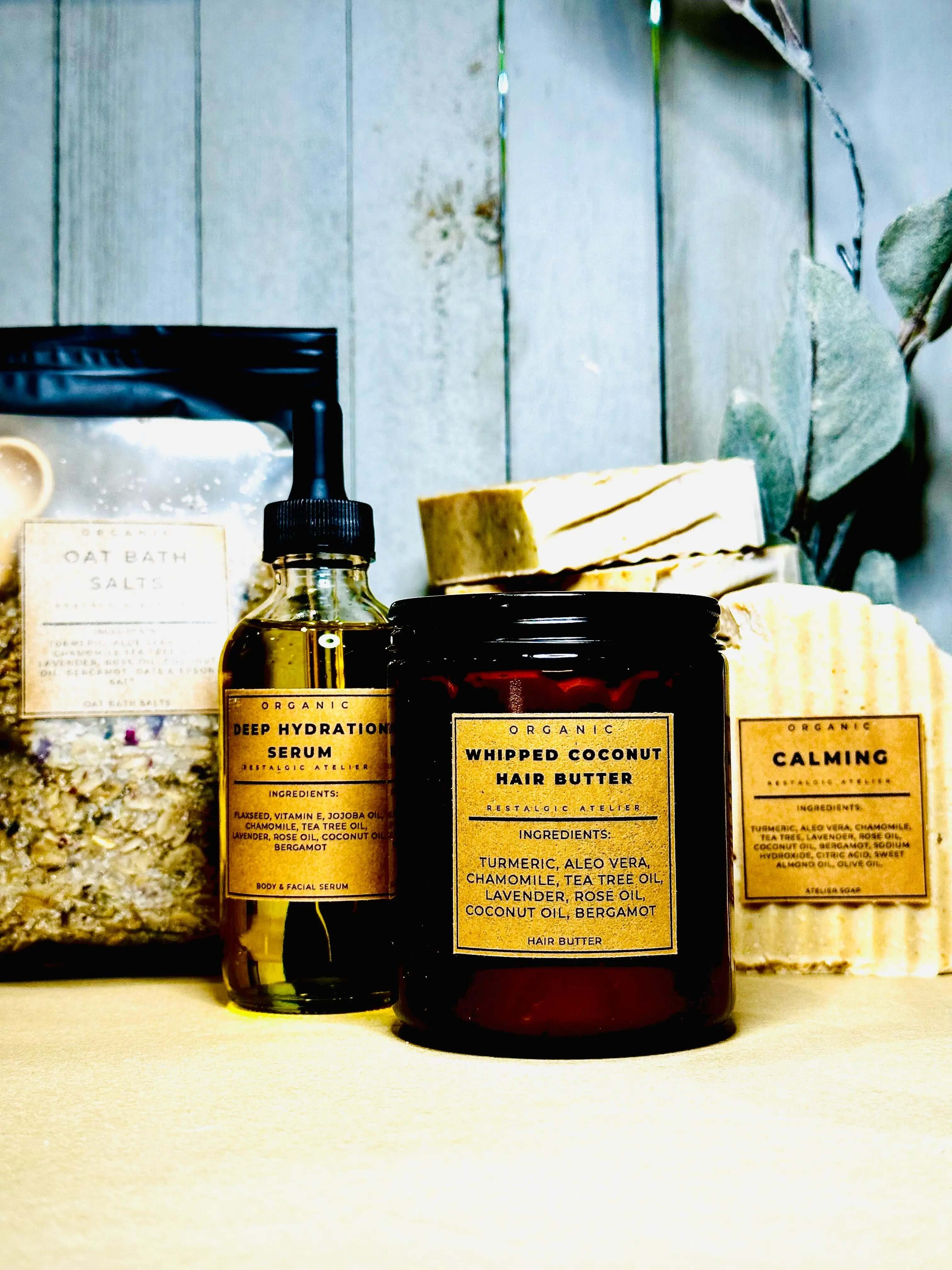 Restalgic Atelier Psoriasis Calming Skin Kit featuring soothing creams and skincare products for sensitive skin relief.