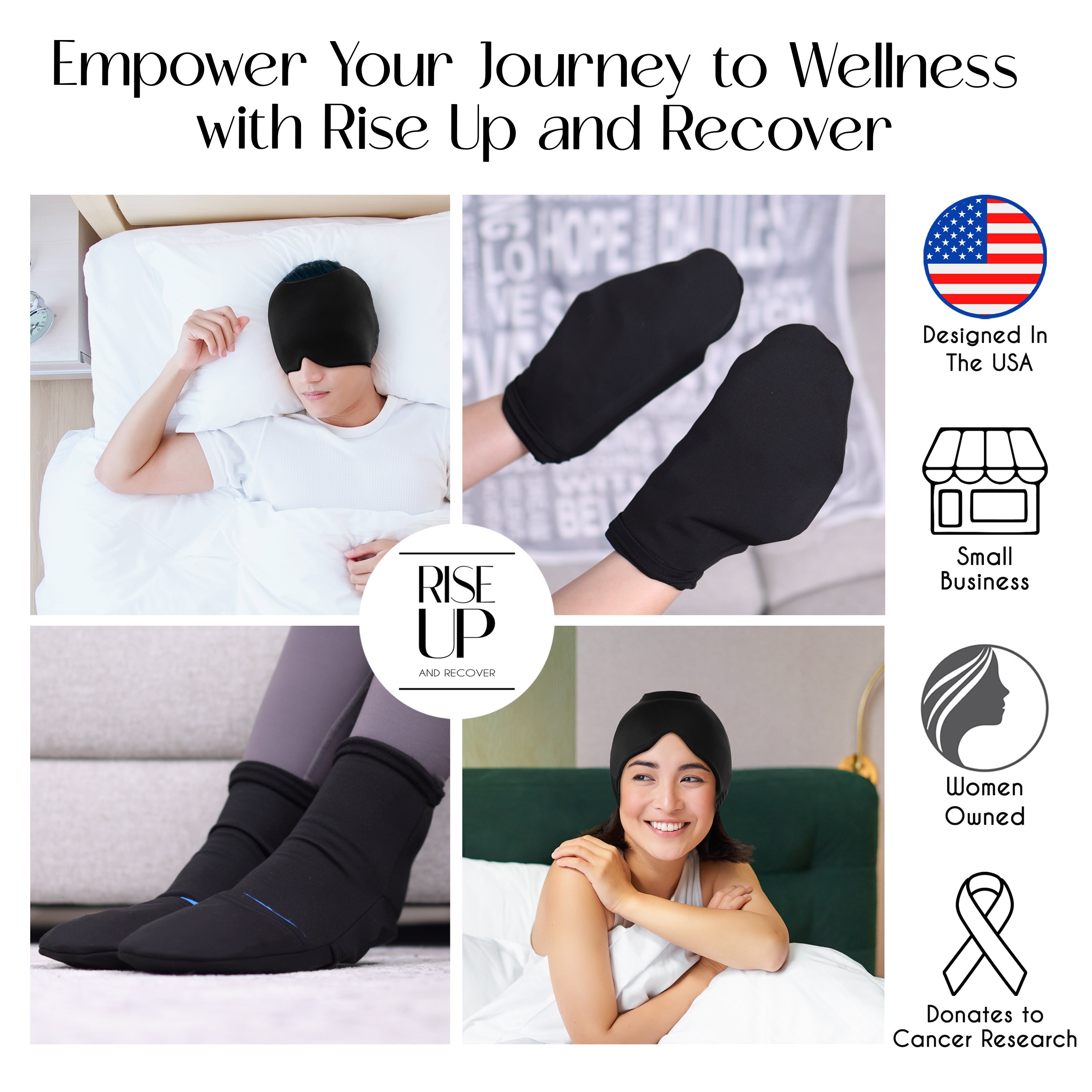 Rise Up and Recover chemo cold therapy kit with cooling packs for chemotherapy comfort, suitable for women and men.