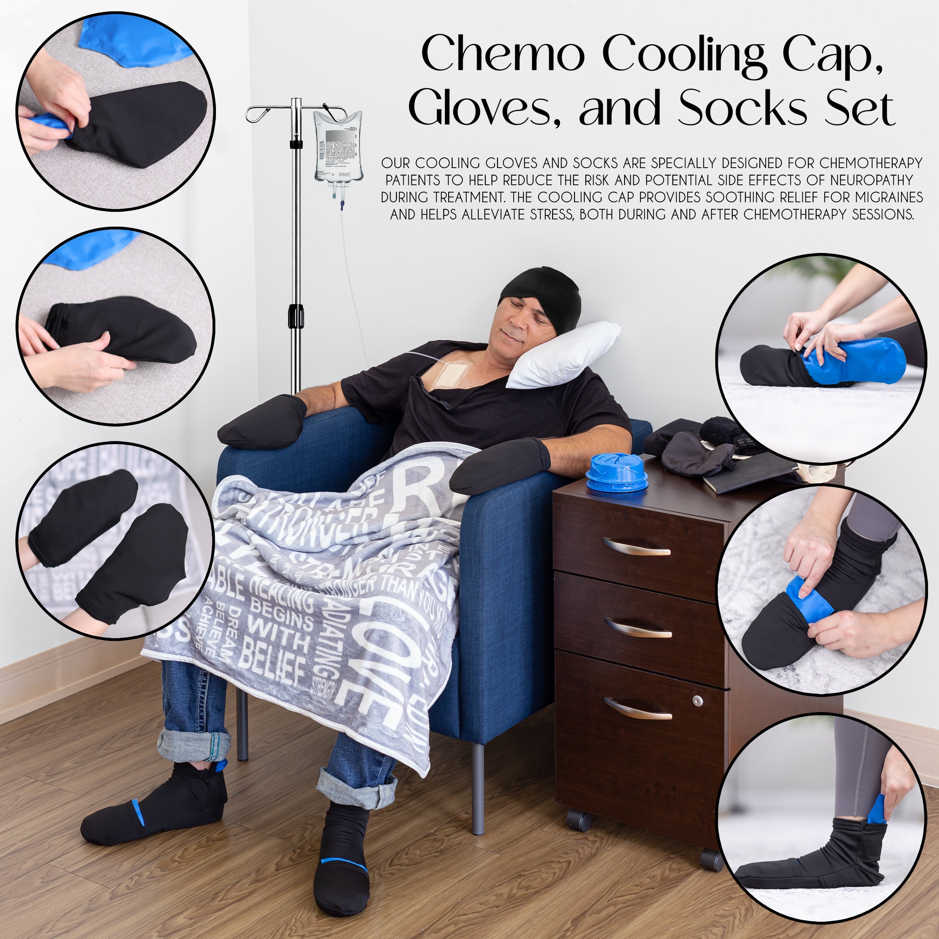 Rise Up and Recover Chemo Cold Therapy Kit for women and men, featuring comfort care supplies for chemotherapy recovery.