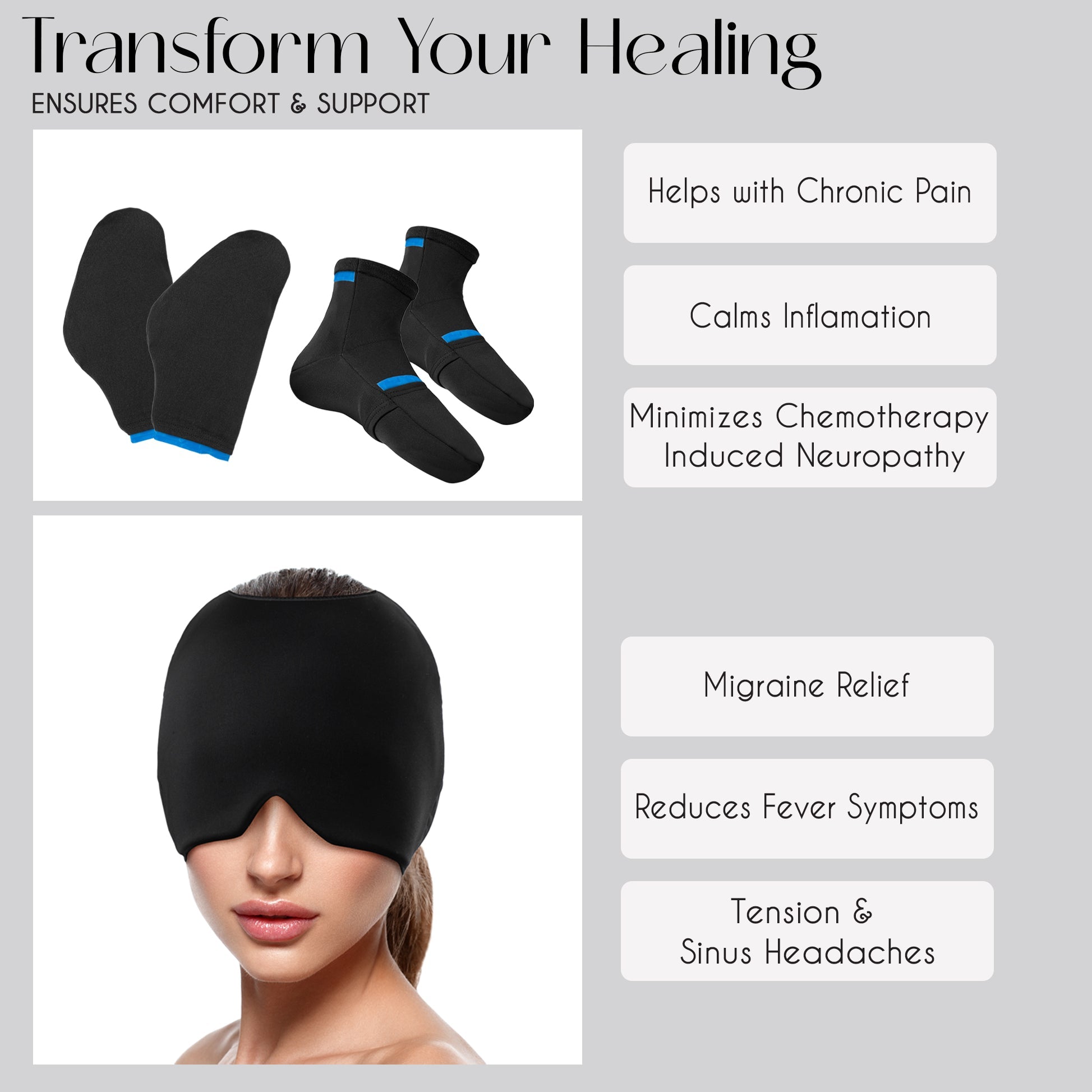 Rise Up and Recover chemo cold therapy kit with cooling gel packs and comfort accessories for chemotherapy patients.