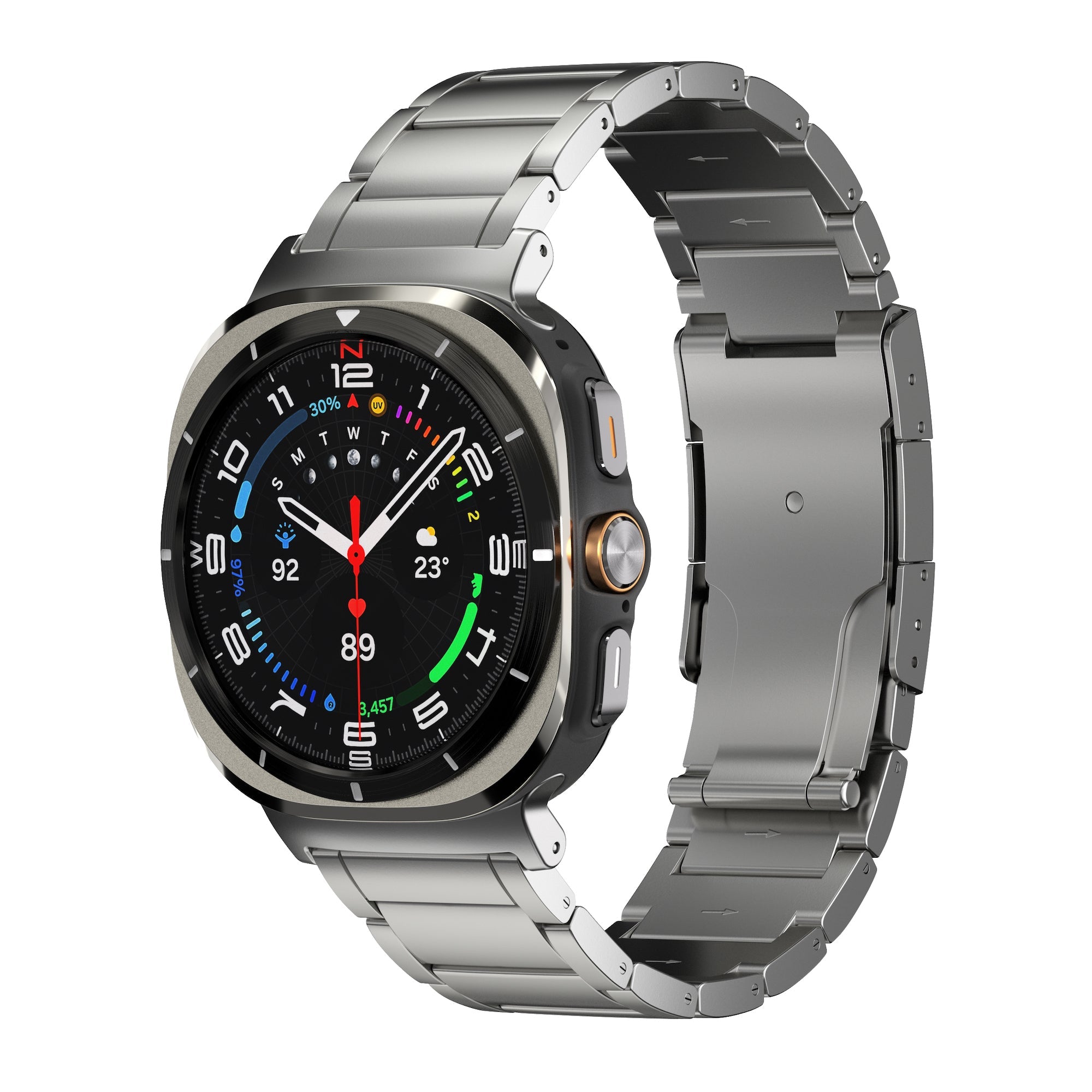 Robust Titanium Band T01 for Samsung Galaxy Watch Ultra, showcasing a sleek natural titanium watch strap on a smartwatch.